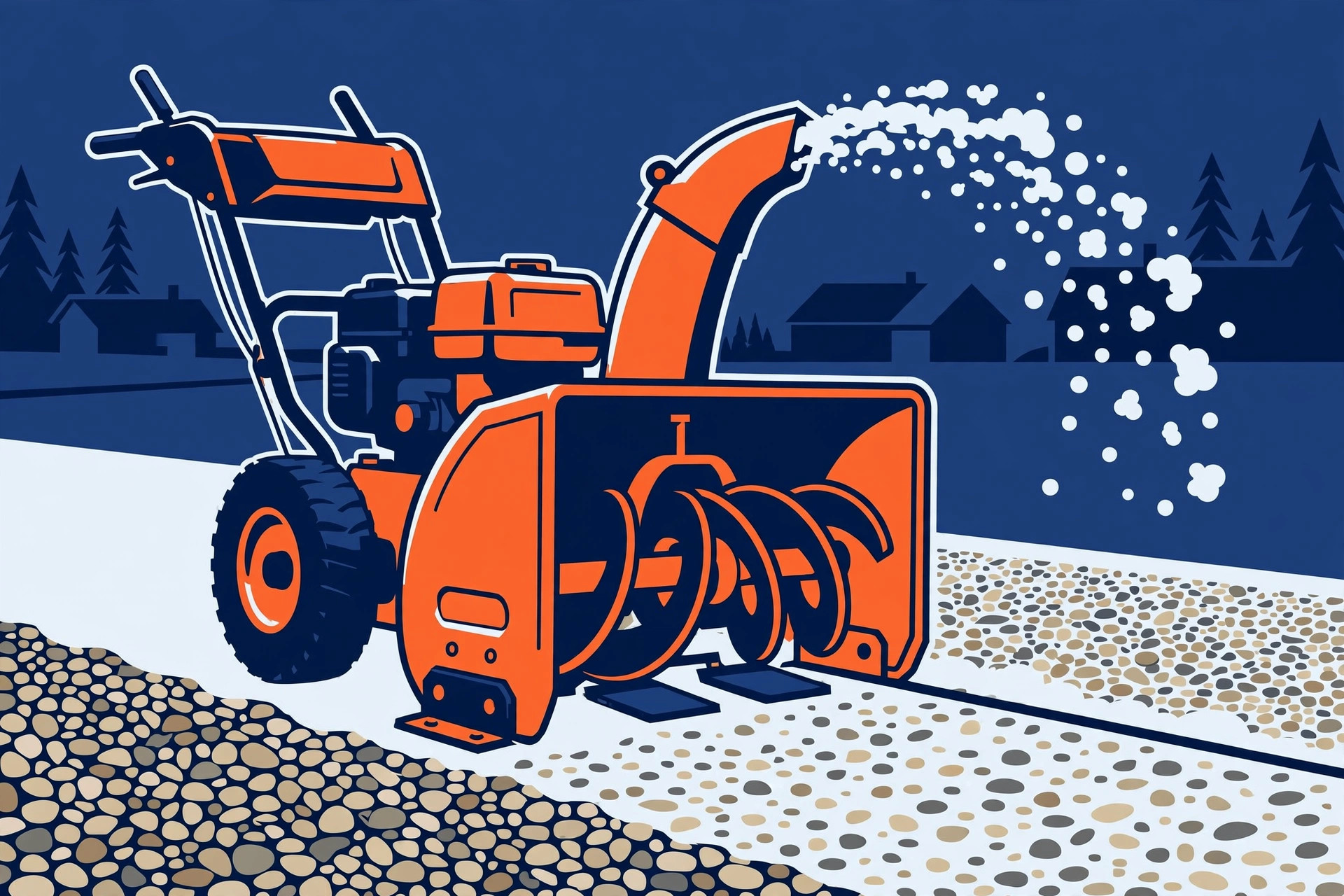 Bold graphic of a two-stage snowblower throwing snow over a gravel driveway