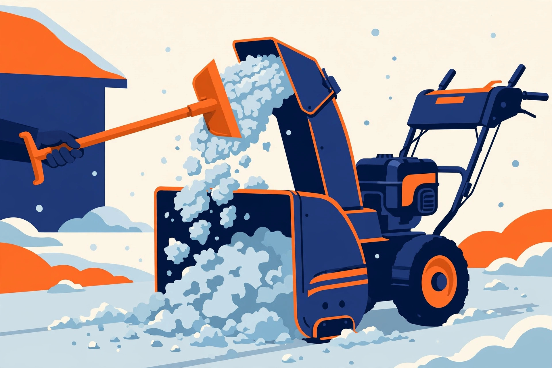 Bold graphic of a clean-out tool clearing packed snow from a snowblower chute