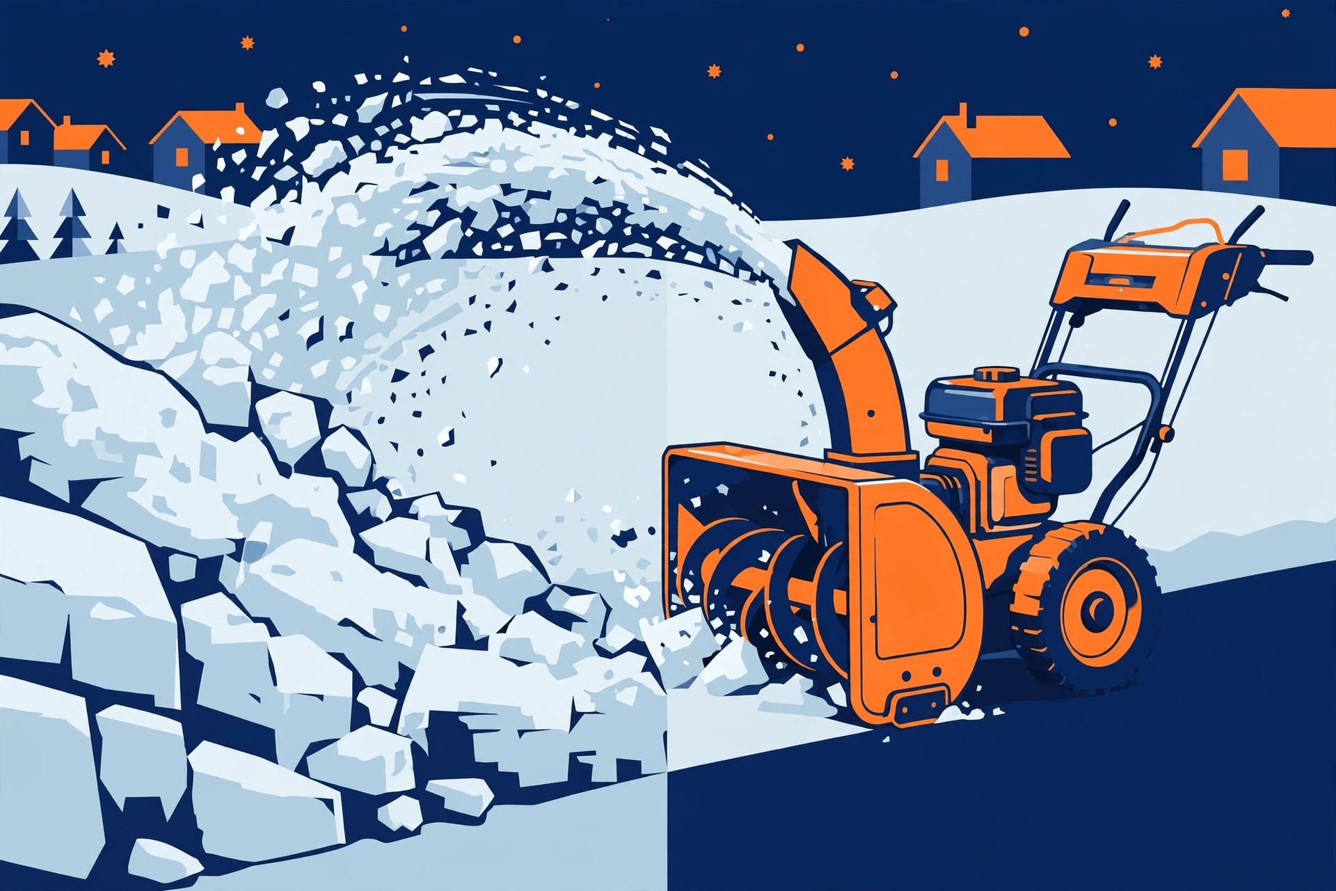 Bold graphic of a two-stage snowblower throwing an arc of heavy wet snow