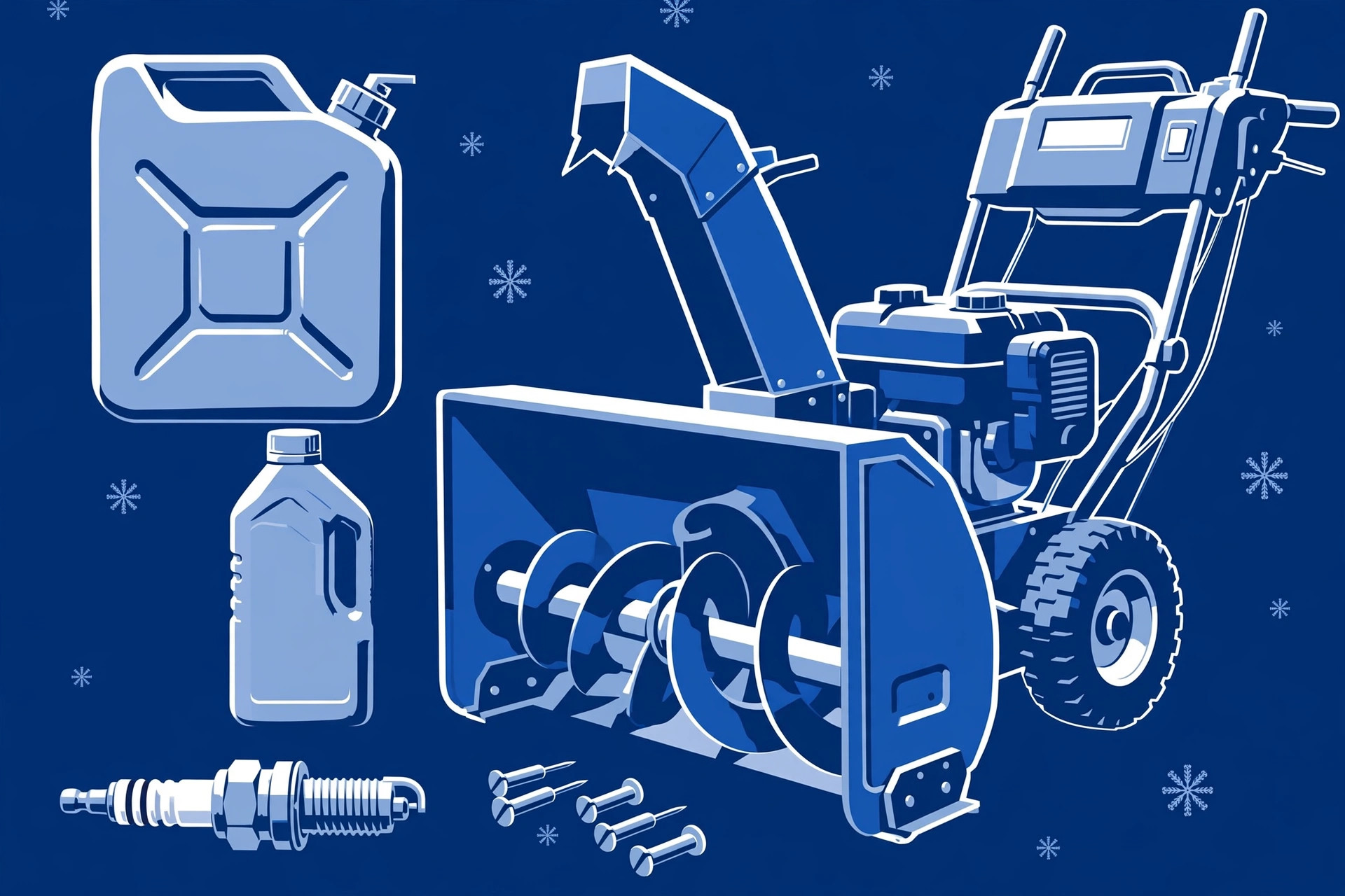 Bold graphic of a first-snowfall prep checklist with fuel, oil, and shear pins