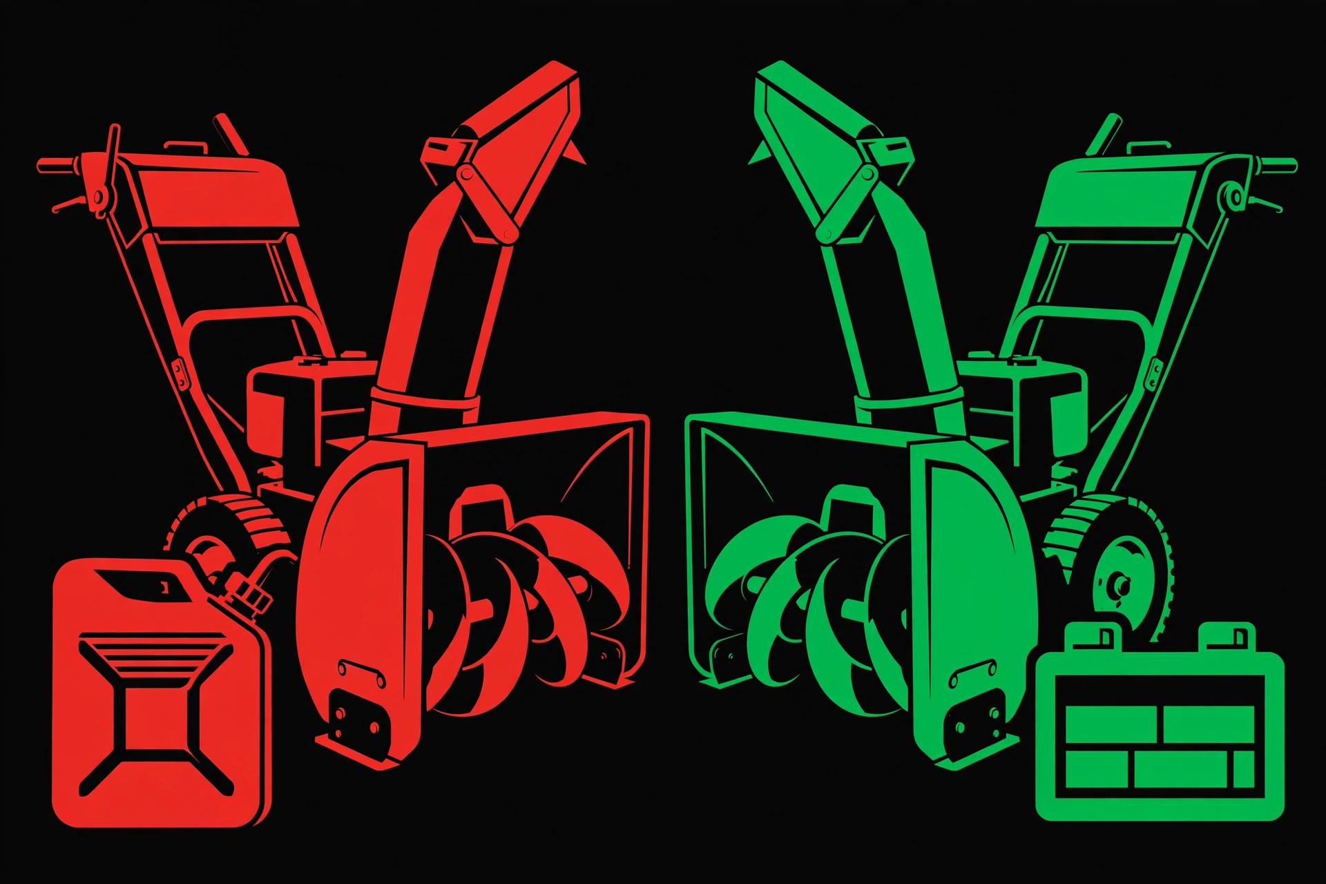 Bold red-and-green graphic comparing two snowblowers, one with a fuel canister and one with a battery