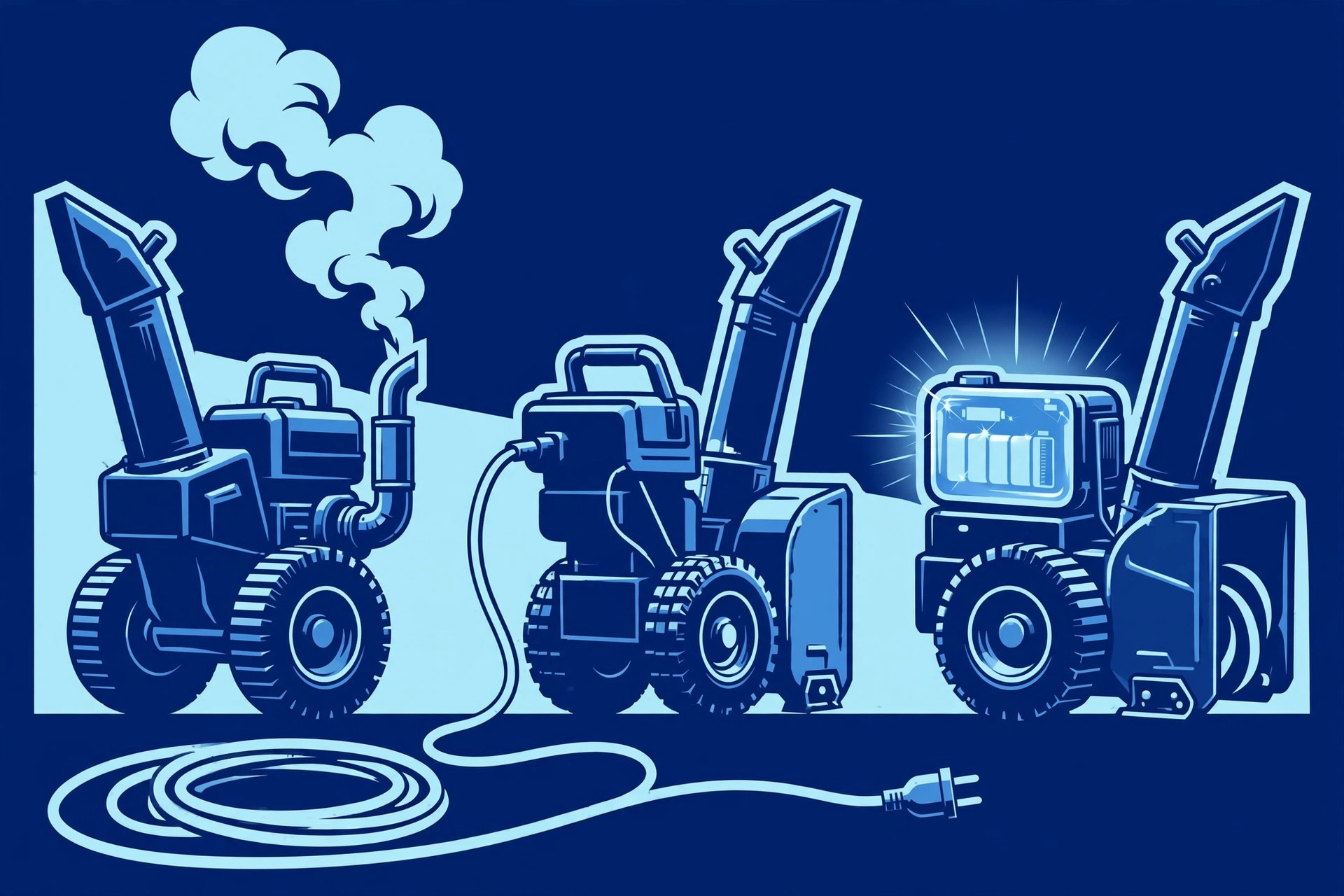 Bold graphic comparing a gas, corded electric, and battery snowblower side by side