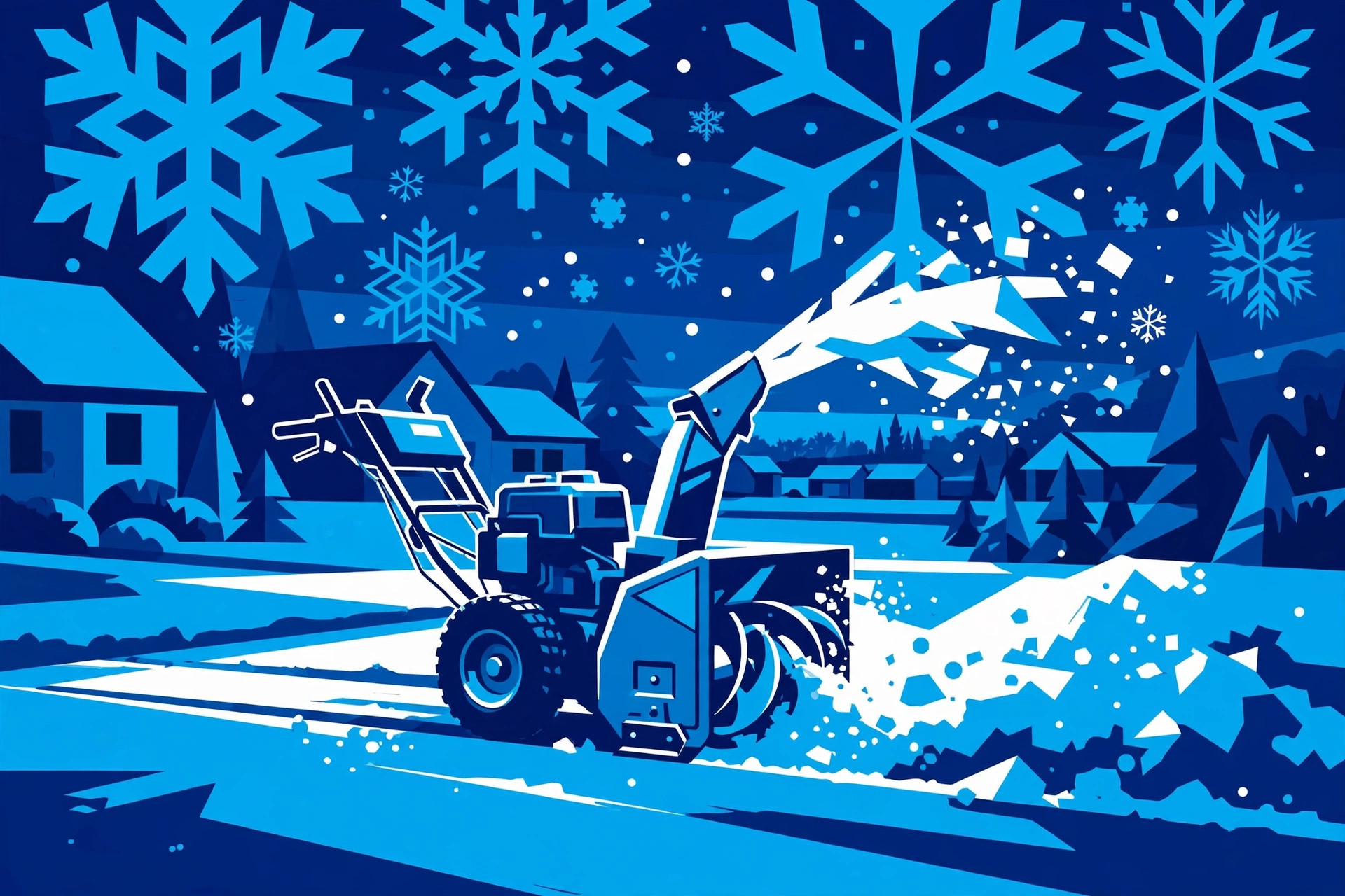 Bold graphic illustration of a snowblower clearing a driveway in falling snow