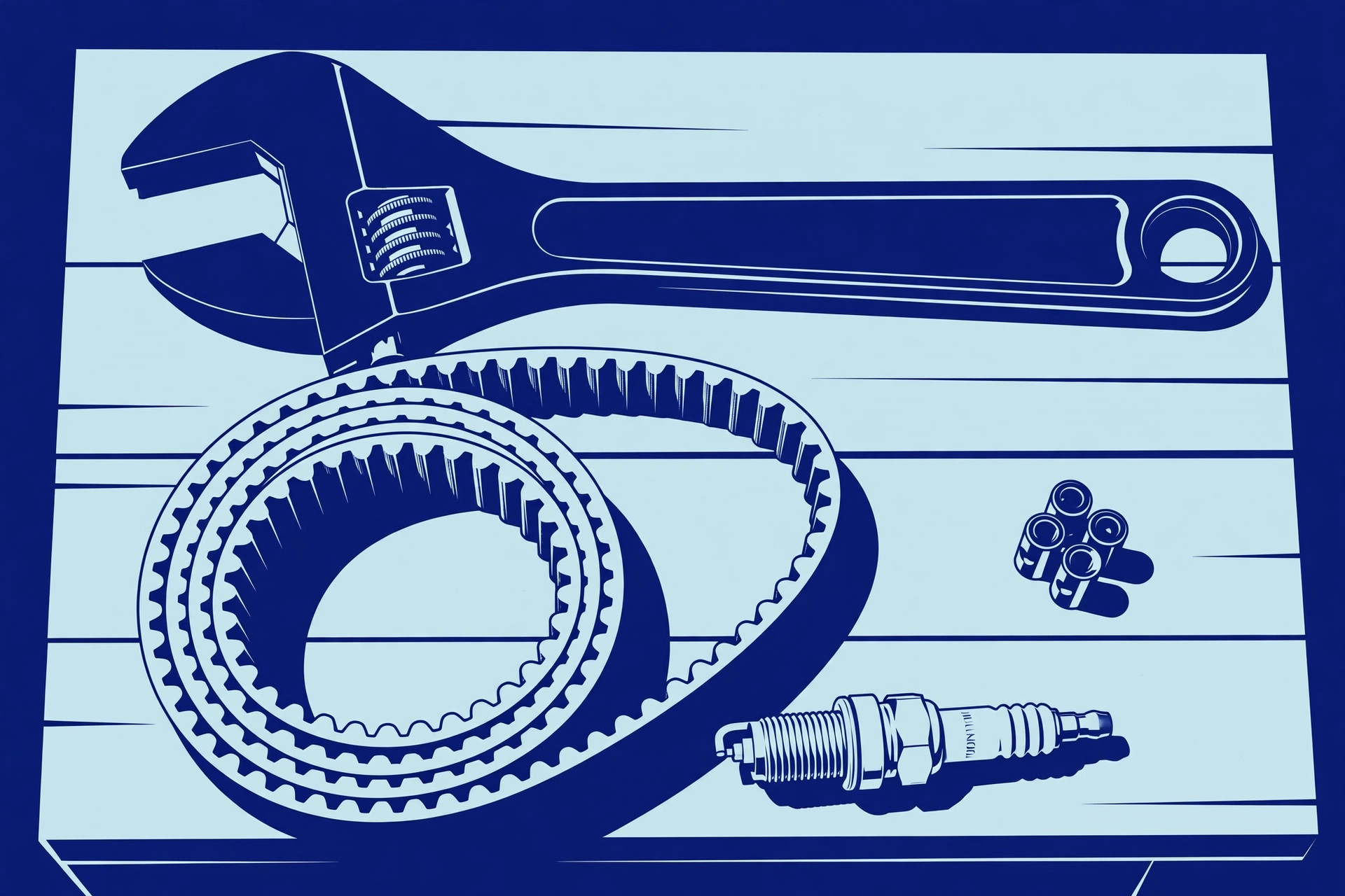 Bold graphic of a wrench and snowblower parts on a workbench