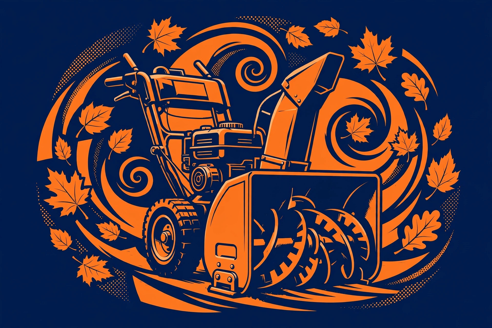 Bold orange-and-navy graphic of a snowblower ringed by swirling autumn leaves