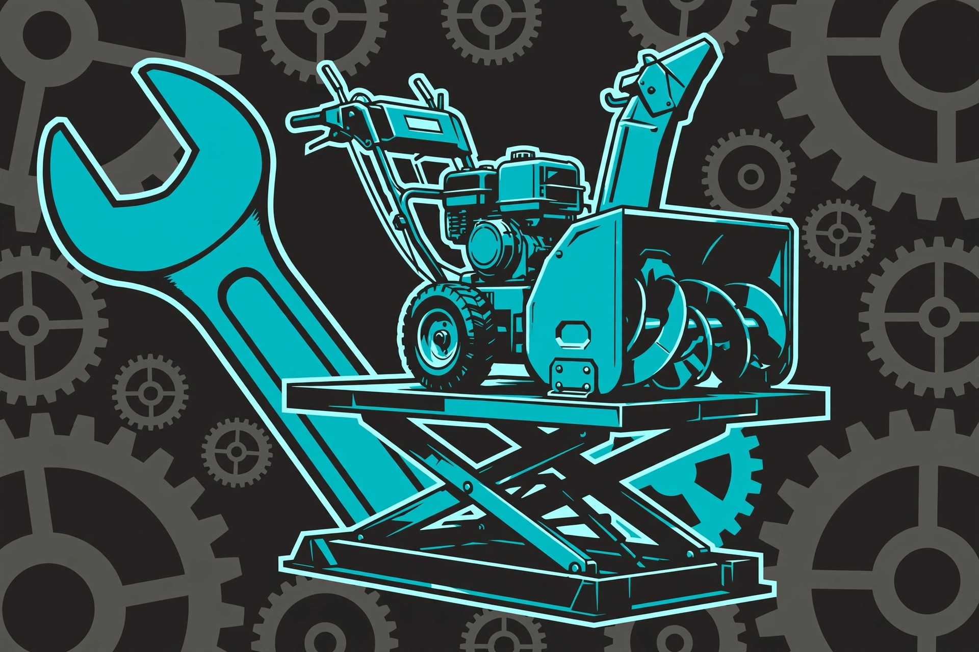 Bold teal graphic of a snowblower on a service lift beside an oversized wrench