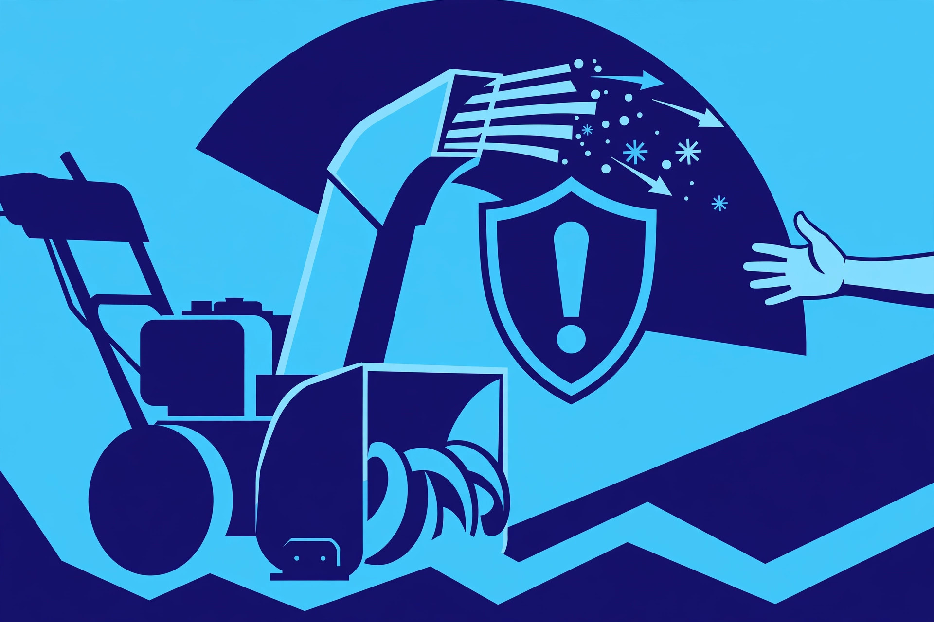 Bold graphic of a safety-shielded snowblower with hands-kept-clear warning symbols
