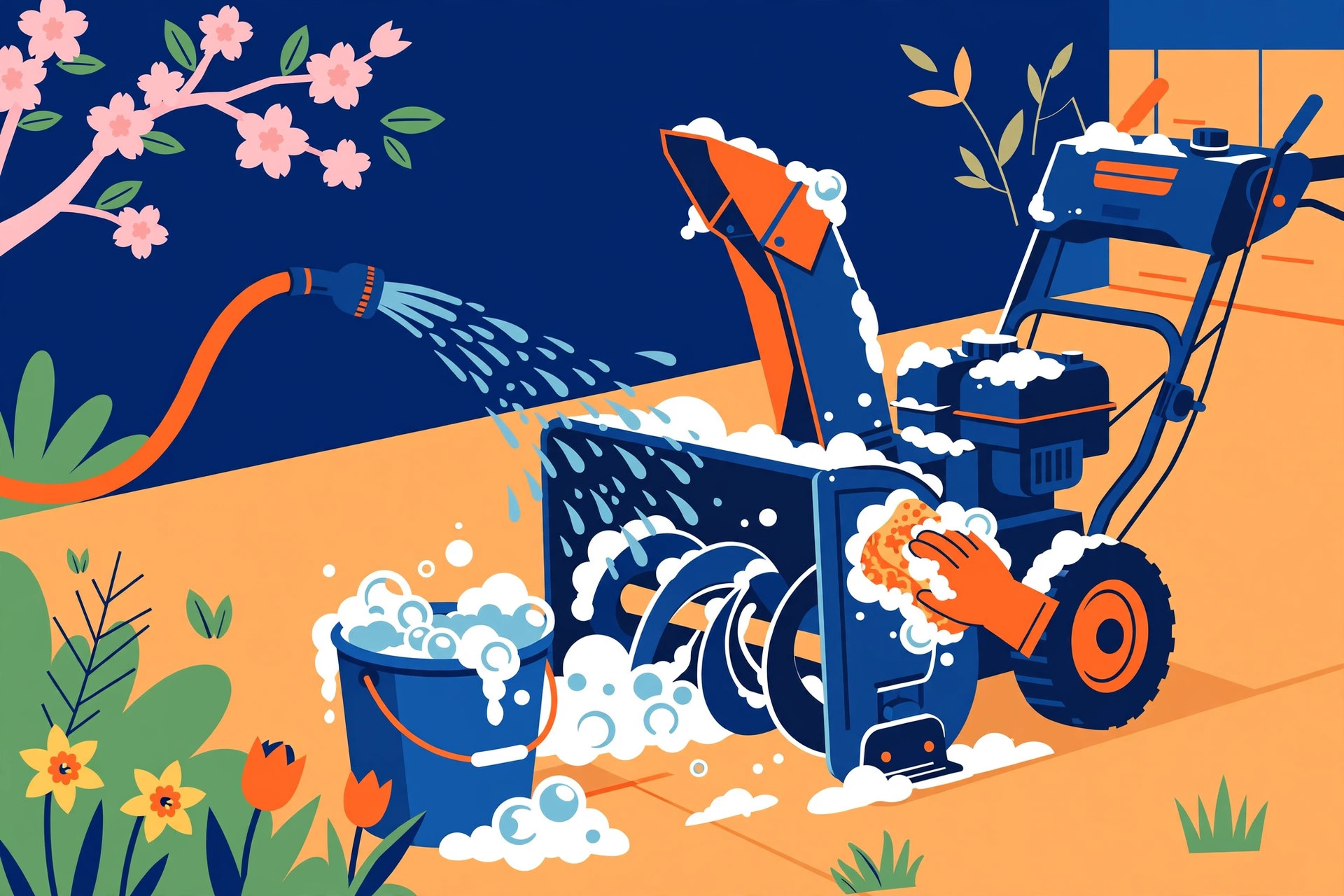 Bold graphic of a snowblower being washed with a hose and sponge in spring