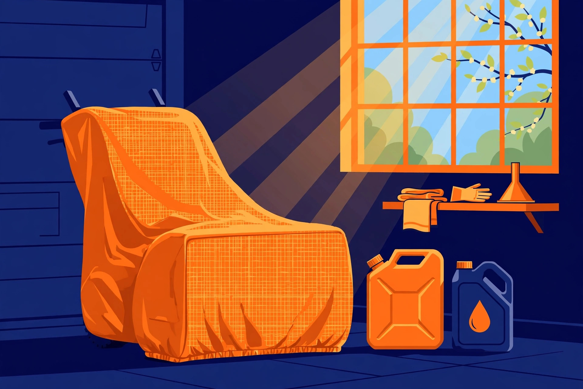 Bold graphic of a snowblower under an orange cover in a garage beside fuel and oil containers