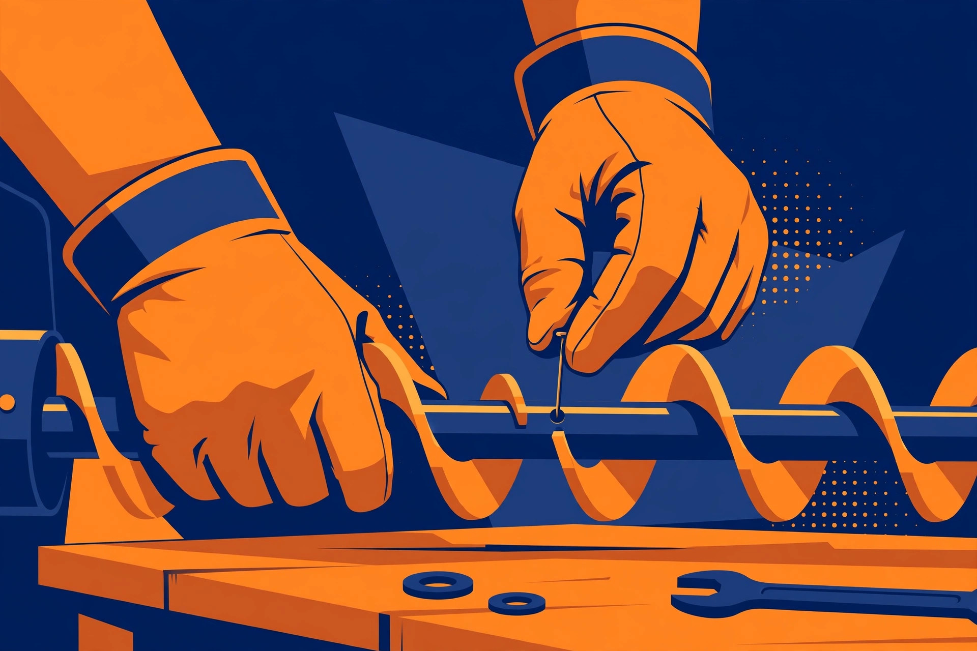 Bold graphic of gloved hands fitting a pin into a snowblower auger shaft