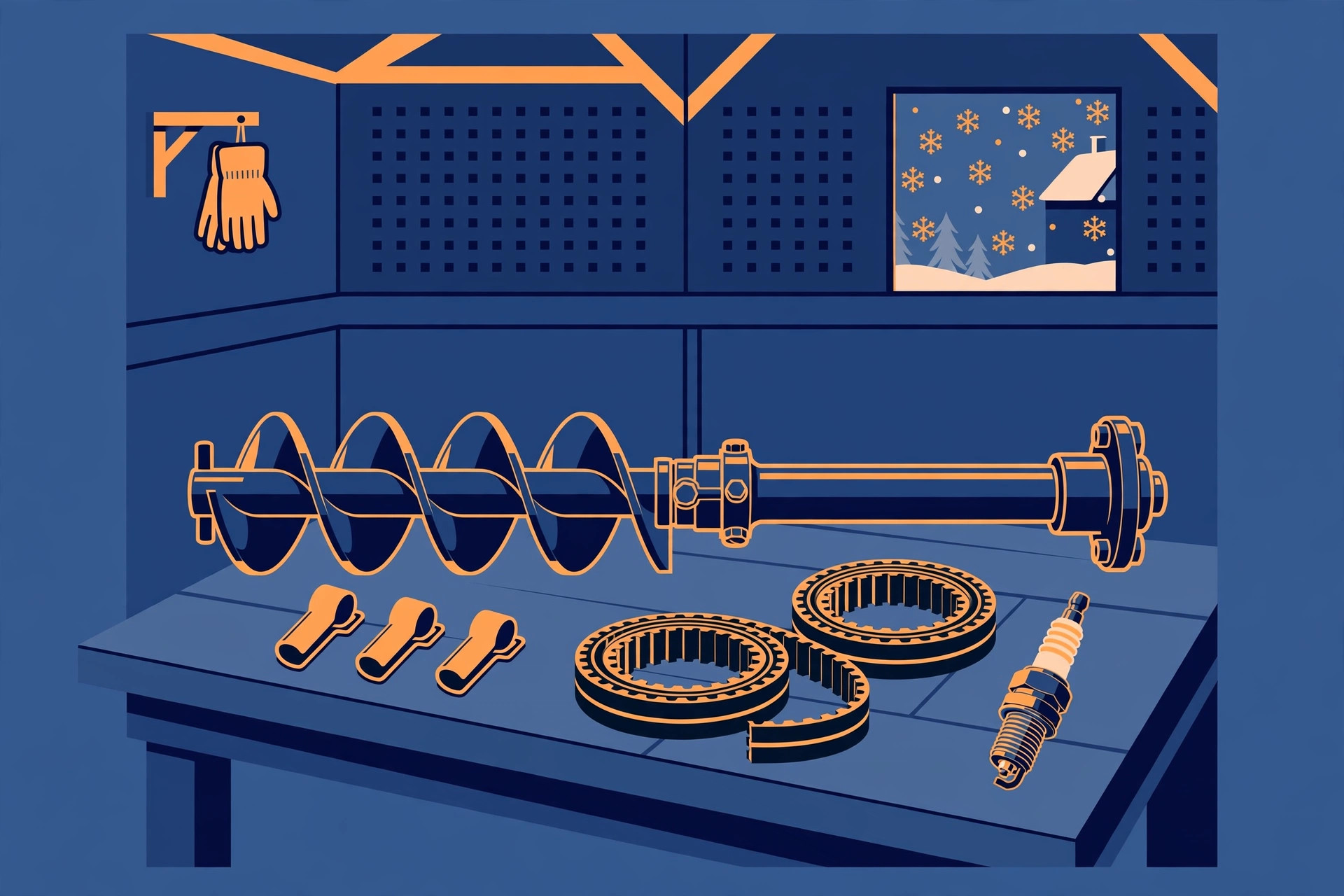 Bold graphic of an auger shaft on a workbench with spare pins, belts and a spark plug