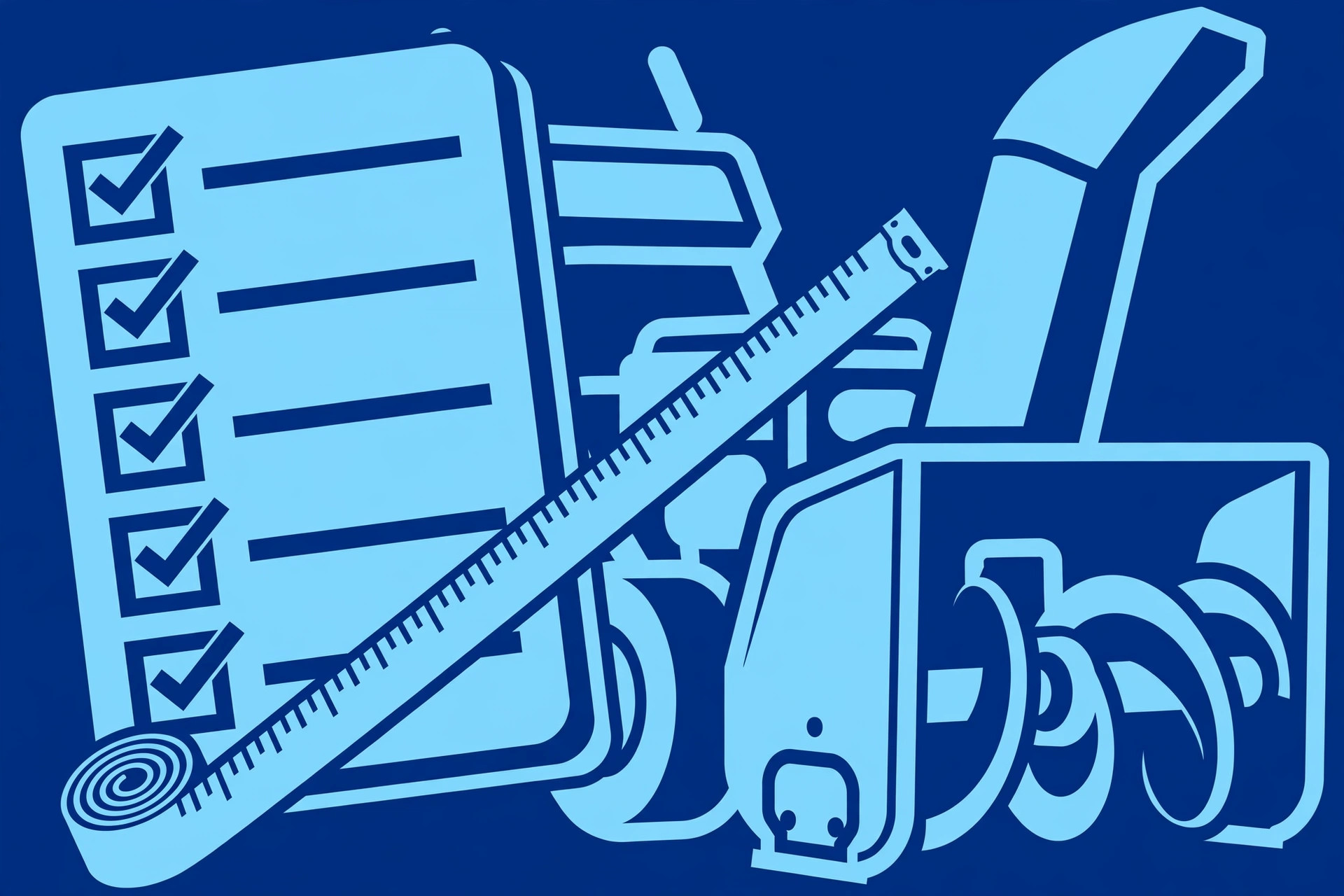 Bold graphic of a checklist and measuring tape over a snowblower outline